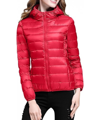 Puffer Jacket Womens Winter Coats for Women Lightweight Long Sleeve Full Zip Packable Hooded Puffer Jackets Pockets Red-1 $15...