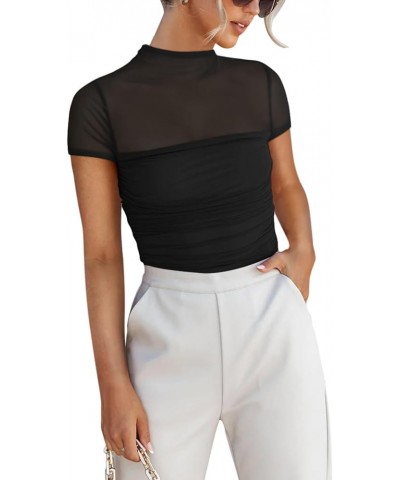 Women's Sexy Mock Turtle Neck Short Sleeve Shirts Sheer Mesh Ruched Trendy Going Out Bodysuits Tops Black $16.42 Lingerie