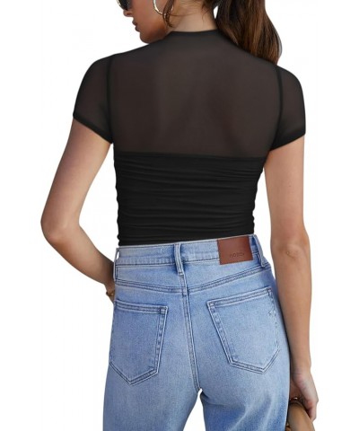 Women's Sexy Mock Turtle Neck Short Sleeve Shirts Sheer Mesh Ruched Trendy Going Out Bodysuits Tops Black $16.42 Lingerie