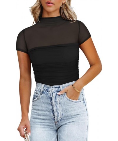 Women's Sexy Mock Turtle Neck Short Sleeve Shirts Sheer Mesh Ruched Trendy Going Out Bodysuits Tops Black $16.42 Lingerie