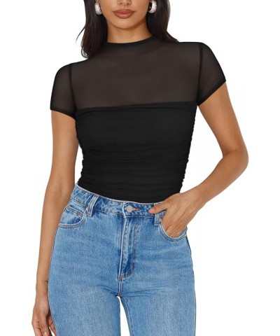 Women's Sexy Mock Turtle Neck Short Sleeve Shirts Sheer Mesh Ruched Trendy Going Out Bodysuits Tops Black $16.42 Lingerie