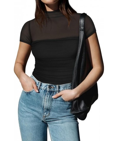 Women's Sexy Mock Turtle Neck Short Sleeve Shirts Sheer Mesh Ruched Trendy Going Out Bodysuits Tops Black $16.42 Lingerie