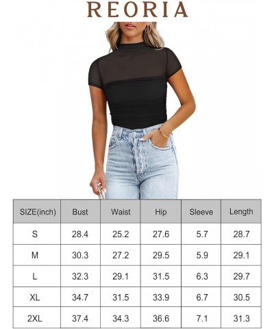 Women's Sexy Mock Turtle Neck Short Sleeve Shirts Sheer Mesh Ruched Trendy Going Out Bodysuits Tops Black $16.42 Lingerie