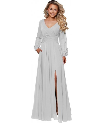 Long Sleeve Bridesmaid Dresses with Slit for Women Ruched A Line Chiffon Formal Evening Dress Silver $33.79 Dresses