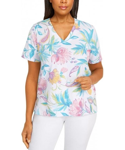 Women's White & Teal Floral Short-Sleeve V-Neck Blouse Multicolor $30.60 Blouses