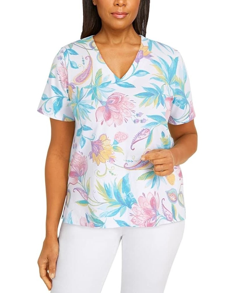 Women's White & Teal Floral Short-Sleeve V-Neck Blouse Multicolor $30.60 Blouses