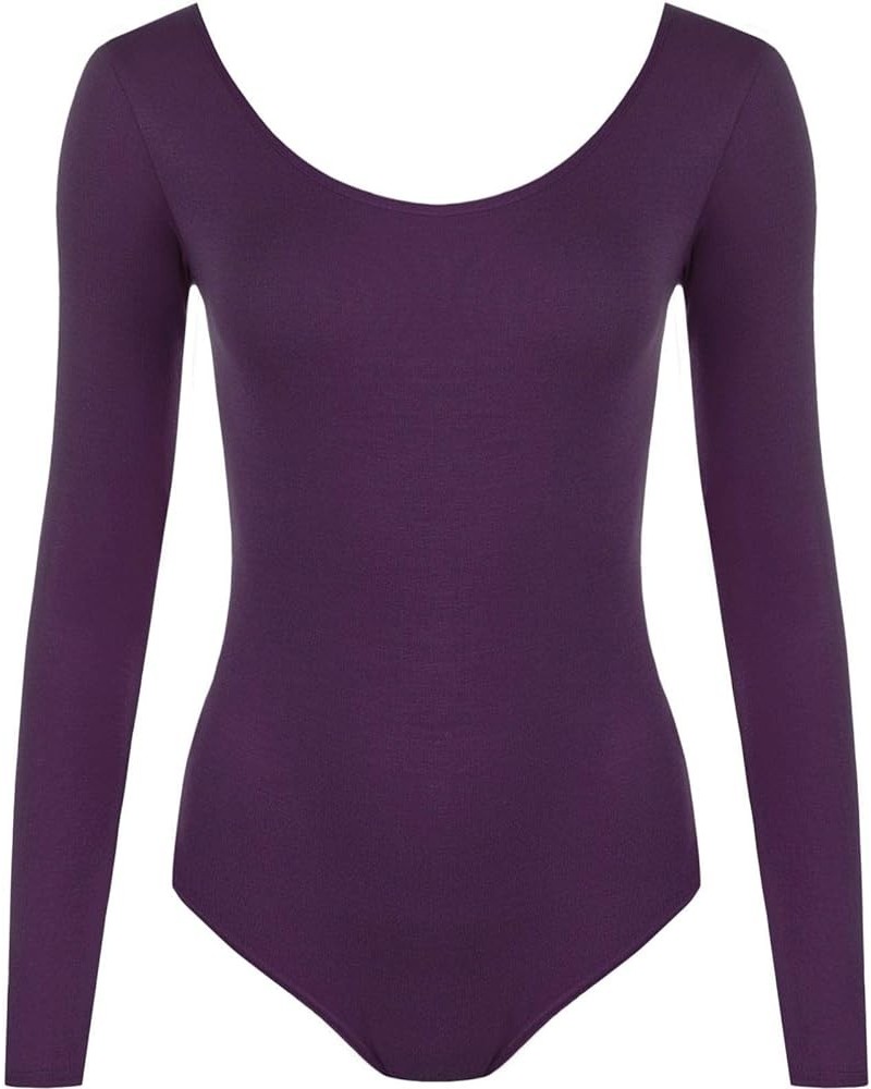 Women Leotard Stretch Bodysuit Long Sleeve Round Neckline Ladies Top-Black-Small - Purple $4.60 Bodysuits