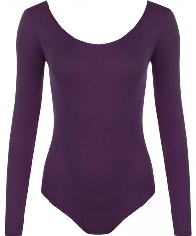 Women Leotard Stretch Bodysuit Long Sleeve Round Neckline Ladies Top-Black-Small - Purple $4.60 Bodysuits