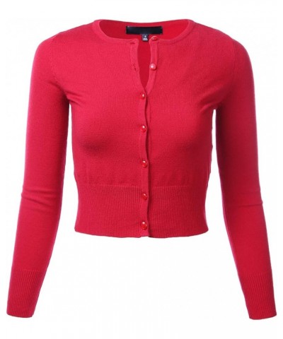 Women's Crew Neck Button Down Long Sleeve Knit Cropped Cardigan Sweater (S-XL) Fm5502_red $11.48 Sweaters