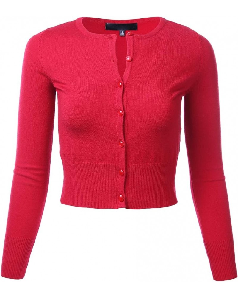 Women's Crew Neck Button Down Long Sleeve Knit Cropped Cardigan Sweater (S-XL) Fm5502_red $11.48 Sweaters