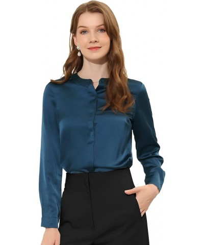 Satin Blouse for Women's Round Neck Long Sleeve Solid Button Down Office Work Top Dark Blue $10.95 Blouses