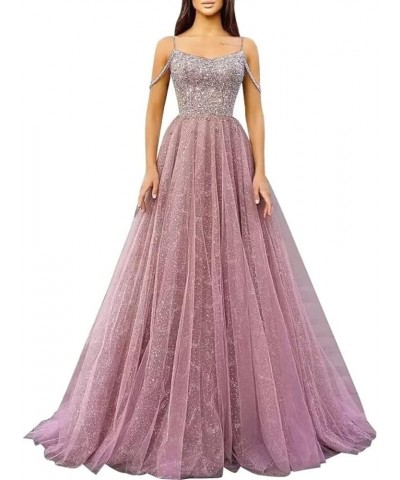 Sequin Prom Dresses 2024 Off Shoulder Tulle Ball Gowns Sparkly Wedding Evening Party Dresses Dusty Pink $45.04 Dresses