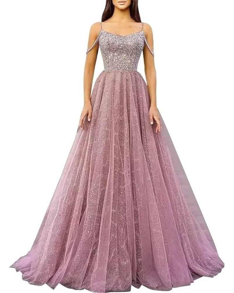 Sequin Prom Dresses 2024 Off Shoulder Tulle Ball Gowns Sparkly Wedding Evening Party Dresses Dusty Pink $45.04 Dresses