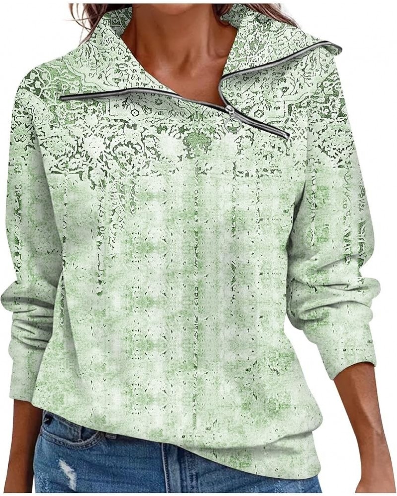 Workout Tops for Women,Womens Vintage Print Asymmetric 1/4 Zip V Neck Shirt Casual Graphic Long Sleeve Blouse 1-green $8.29 S...