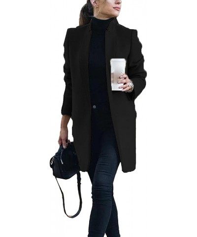 Womens Stand Collar Wool Blend Pea Coats Casual Warm Open Front Cardigan Trench Overcoat Mid Long Slim Fit Jackets Black $6.6...