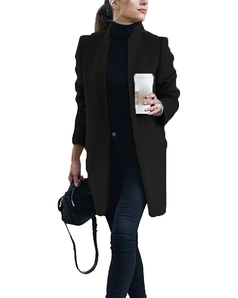 Womens Stand Collar Wool Blend Pea Coats Casual Warm Open Front Cardigan Trench Overcoat Mid Long Slim Fit Jackets Black $6.6...