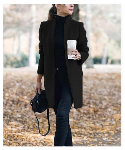 Womens Stand Collar Wool Blend Pea Coats Casual Warm Open Front Cardigan Trench Overcoat Mid Long Slim Fit Jackets Black $6.6...