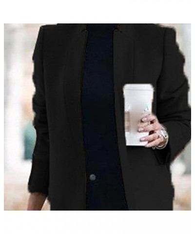 Womens Stand Collar Wool Blend Pea Coats Casual Warm Open Front Cardigan Trench Overcoat Mid Long Slim Fit Jackets Black $6.6...