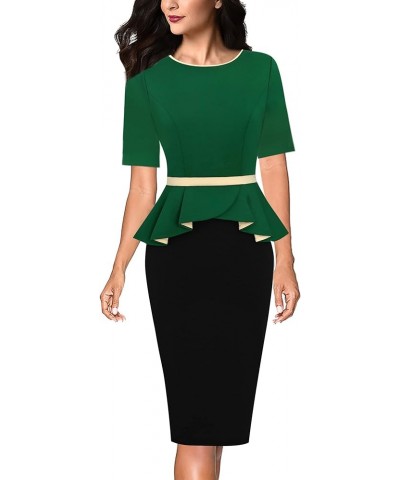 Womens Crew Neck Peplum Colorblock Work Business Office Bodycon Pencil Dress Green and Black $19.35 Dresses