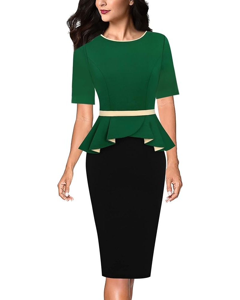 Womens Crew Neck Peplum Colorblock Work Business Office Bodycon Pencil Dress Green and Black $19.35 Dresses