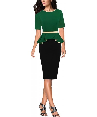 Womens Crew Neck Peplum Colorblock Work Business Office Bodycon Pencil Dress Green and Black $19.35 Dresses