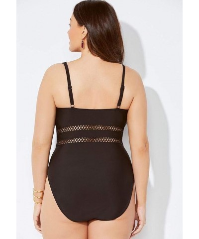 Women's Plus Size Tummy Control V Neck Lattice Plunge One Piece Swimsuit with Adjustable Straps Black $31.77 Swimsuits