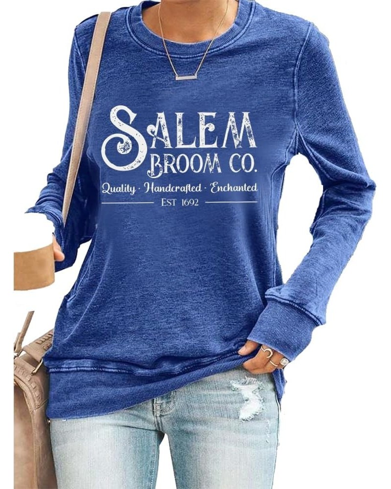 Salem Broom Co Shirt Retro Casual Funny Tops Salem Massachusetts Sweatshirt For Women Blue $12.35 Hoodies & Sweatshirts