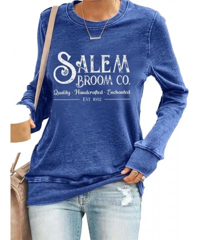 Salem Broom Co Shirt Retro Casual Funny Tops Salem Massachusetts Sweatshirt For Women Blue $12.35 Hoodies & Sweatshirts