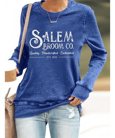 Salem Broom Co Shirt Retro Casual Funny Tops Salem Massachusetts Sweatshirt For Women Blue $12.35 Hoodies & Sweatshirts