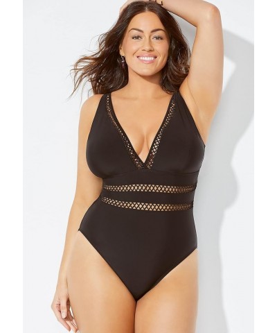 Women's Plus Size Tummy Control V Neck Lattice Plunge One Piece Swimsuit with Adjustable Straps Black $31.77 Swimsuits