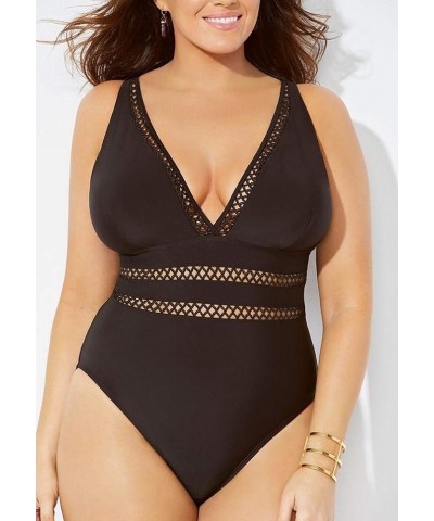 Women's Plus Size Tummy Control V Neck Lattice Plunge One Piece Swimsuit with Adjustable Straps Black $31.77 Swimsuits