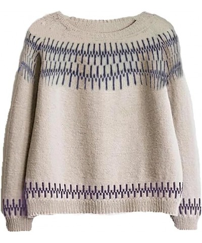 Women's Retro Sweater Fair Isle Knitted Tops Casual Loose Crewneck Long Sleeve Lightweight Cropped Pullover Sweaters Style3-1...