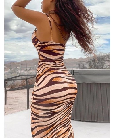 Women's Striped Tiger Print Cowl Neck Dress Spaghetti Straps Cocktail Sleeveless Zebra Leopard Maxi Dress Brown $11.96 Dresses