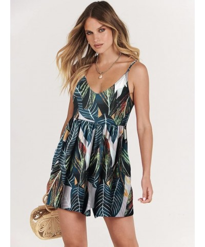 Women's Summer Casual Sleeveless V Neck Beach Rompers Loose Spaghetti Strap Shorts Jumpsuit with Pockets 16-leaf Print $16.63...