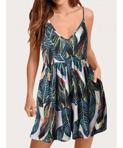 Women's Summer Casual Sleeveless V Neck Beach Rompers Loose Spaghetti Strap Shorts Jumpsuit with Pockets 16-leaf Print $16.63...