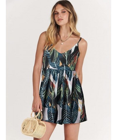 Women's Summer Casual Sleeveless V Neck Beach Rompers Loose Spaghetti Strap Shorts Jumpsuit with Pockets 16-leaf Print $16.63...