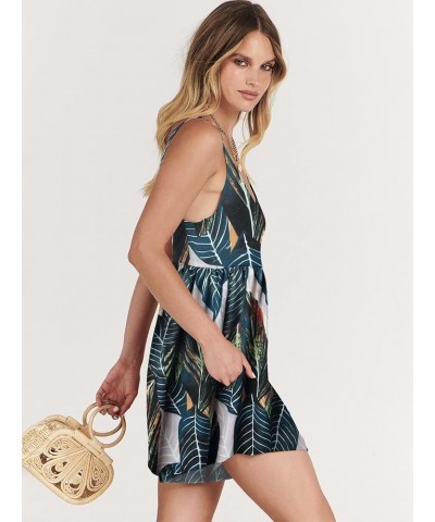 Women's Summer Casual Sleeveless V Neck Beach Rompers Loose Spaghetti Strap Shorts Jumpsuit with Pockets 16-leaf Print $16.63...