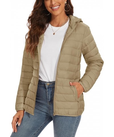 Women's Water Resistant Lightweight Puffer Hoodie Jacket Winter Casual Coats Khaki $26.39 Jackets