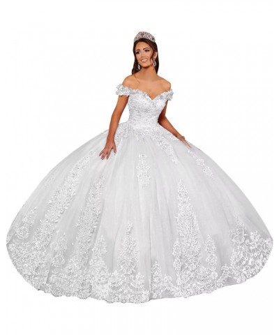 Lace Applique Quinceanera Dresses Off Shoulder Puffy Tulle Sweet 15 16 Ball Gowns White $56.00 Dresses