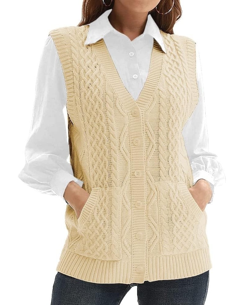 Womens’Knit Sweater Vest V Neck Sleeveless Cardigan Button Down Sweater Pocket Outwear Tops Beige $17.15 Sweaters