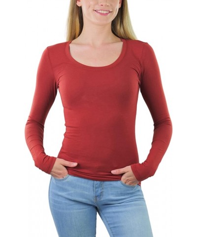 Junior Women's Slim Fit Long Sleeve Shirt Scoop Neckline Basic Tee Layering Cotton Top New Dark Rust $8.98 T-Shirts