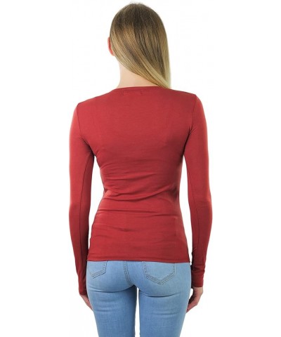 Junior Women's Slim Fit Long Sleeve Shirt Scoop Neckline Basic Tee Layering Cotton Top New Dark Rust $8.98 T-Shirts