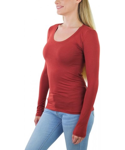 Junior Women's Slim Fit Long Sleeve Shirt Scoop Neckline Basic Tee Layering Cotton Top New Dark Rust $8.98 T-Shirts