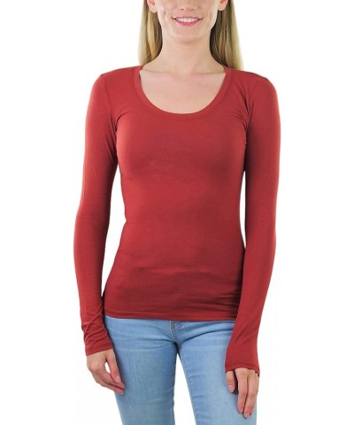 Junior Women's Slim Fit Long Sleeve Shirt Scoop Neckline Basic Tee Layering Cotton Top New Dark Rust $8.98 T-Shirts