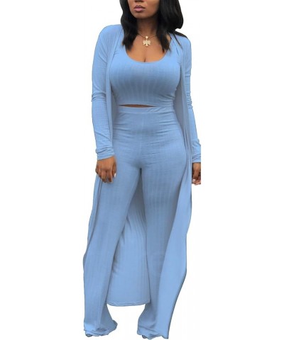 3 Piece Suit for Women's Solid Long Sleeve Open Front Long Coat and Crop Tank Top with Leggings Loungewear Z- Blue 3 Piece Ou...