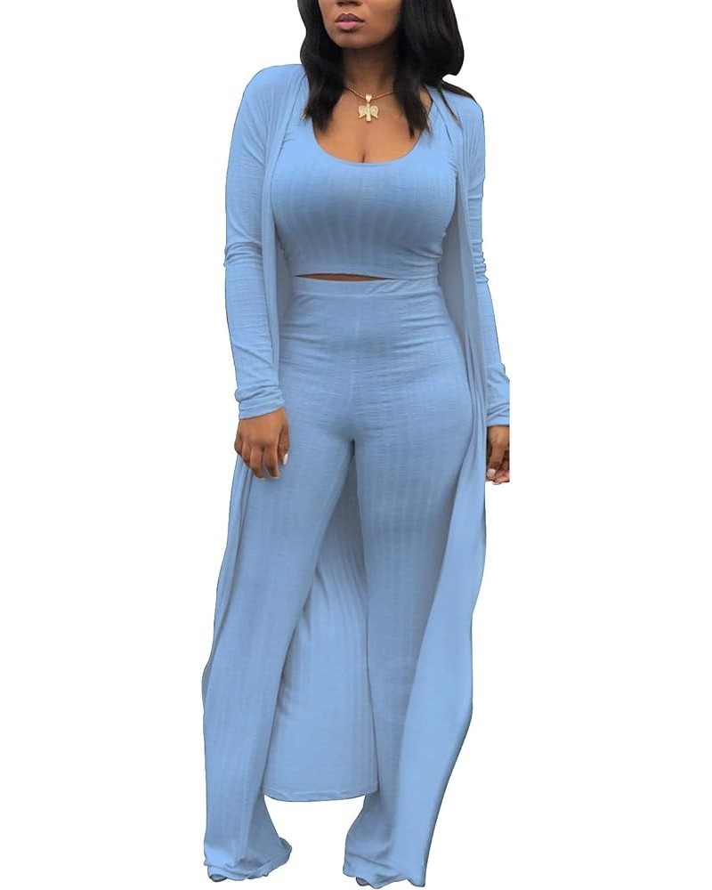 3 Piece Suit for Women's Solid Long Sleeve Open Front Long Coat and Crop Tank Top with Leggings Loungewear Z- Blue 3 Piece Ou...