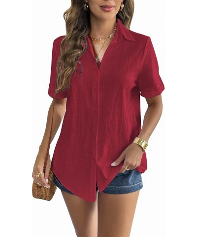 Women Linen Button Down Shirt Rolled Cuffed Short Sleeve Blouse Ladies Summer Casual V Neck Beach Cotton Tops Bordeaux Red $9...