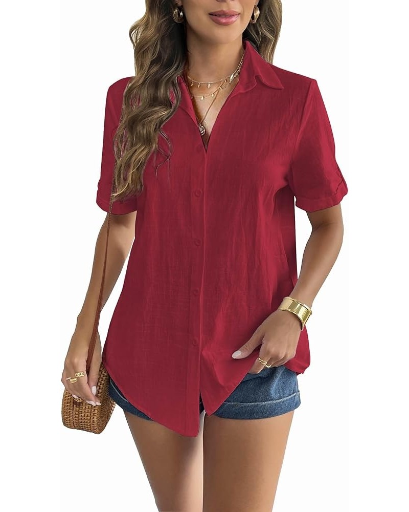 Women Linen Button Down Shirt Rolled Cuffed Short Sleeve Blouse Ladies Summer Casual V Neck Beach Cotton Tops Bordeaux Red $9...