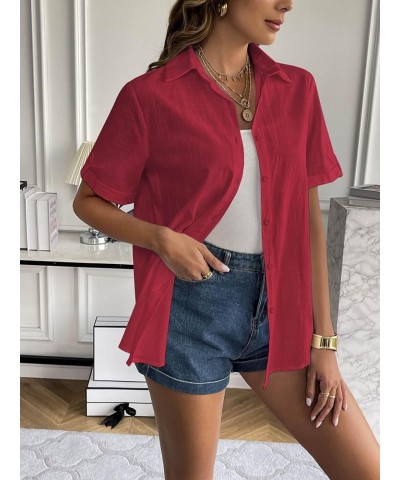 Women Linen Button Down Shirt Rolled Cuffed Short Sleeve Blouse Ladies Summer Casual V Neck Beach Cotton Tops Bordeaux Red $9...