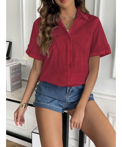 Women Linen Button Down Shirt Rolled Cuffed Short Sleeve Blouse Ladies Summer Casual V Neck Beach Cotton Tops Bordeaux Red $9...